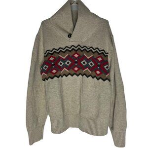 Lands End‎ Kids Boys M Sweater Fair Isle Cotton Button Neck Holiday Tan Red